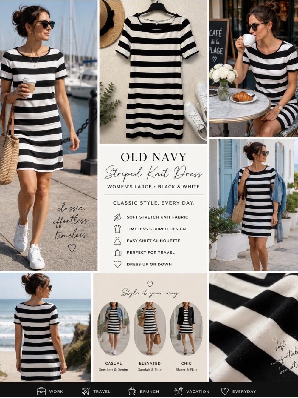 Old Navy Dress Large Black White Stripe Nautical French Coastal Grandma Chic Y2K